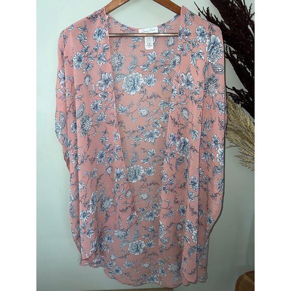 Emory Park size 1X pink & blue toile print kimono semi sheer dolman sleeve EUC - Picture 1 of 6